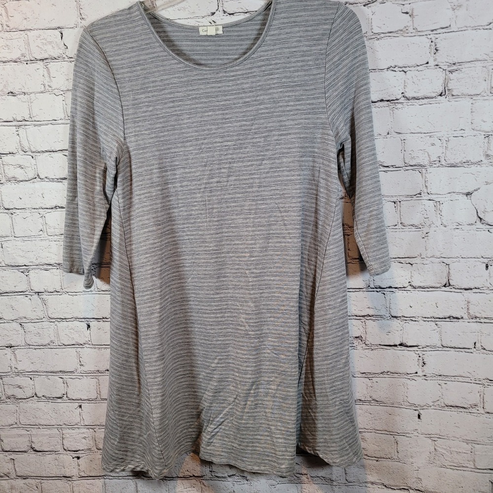 Garnet Hill Tunic Top Womens Medium Grey Excellent 3/4 Sleeve Striped A-Line